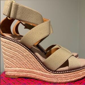 Tory Burch Frieda Tan Platform Wedge Espadrille Sandals NEW in Box